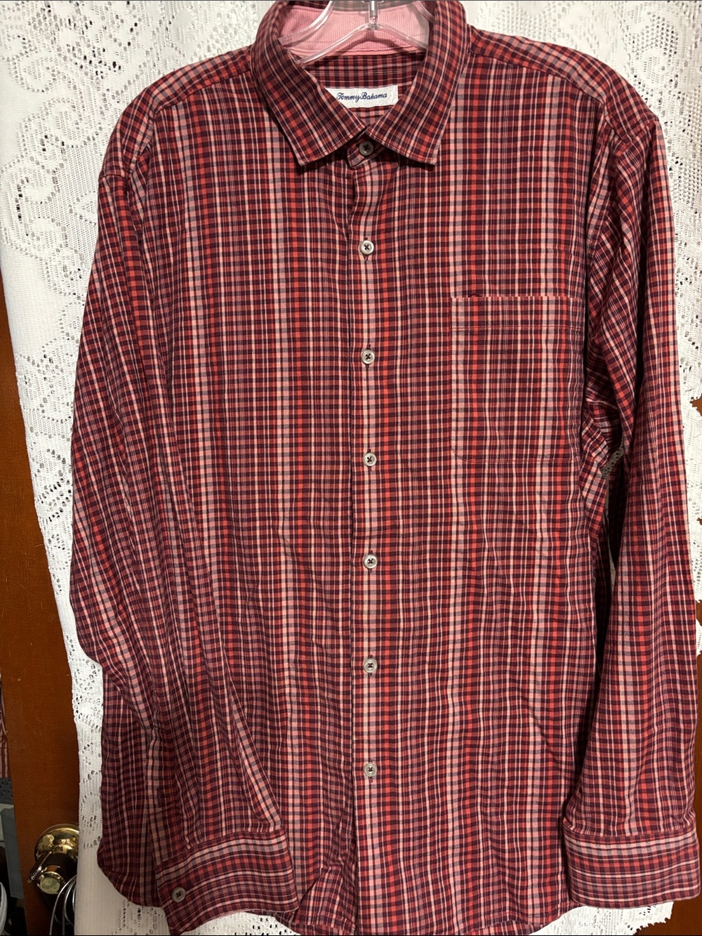 Men’s Tommy Bahama Red and Black Plaid long sleeved Button-Down Shirt